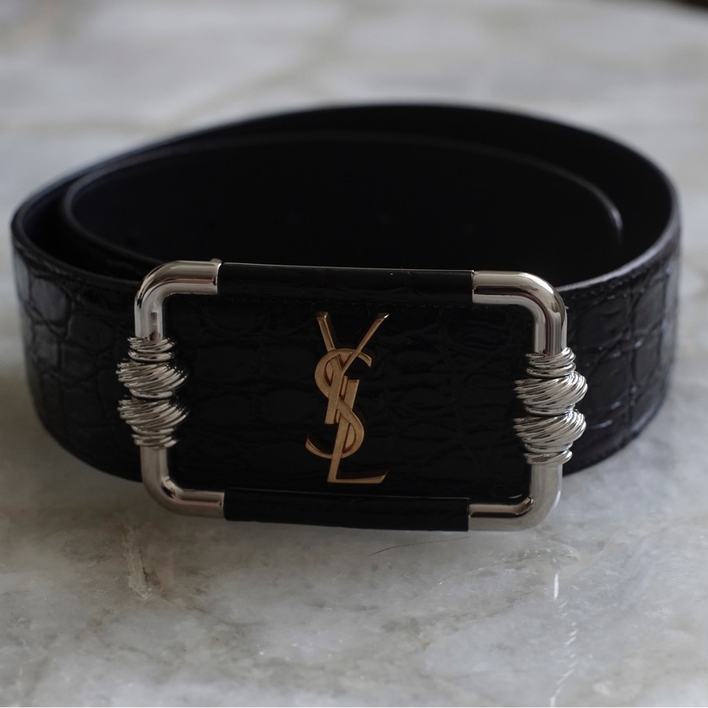 Saint Laurent Black Crocodile Leather Monogram Belt